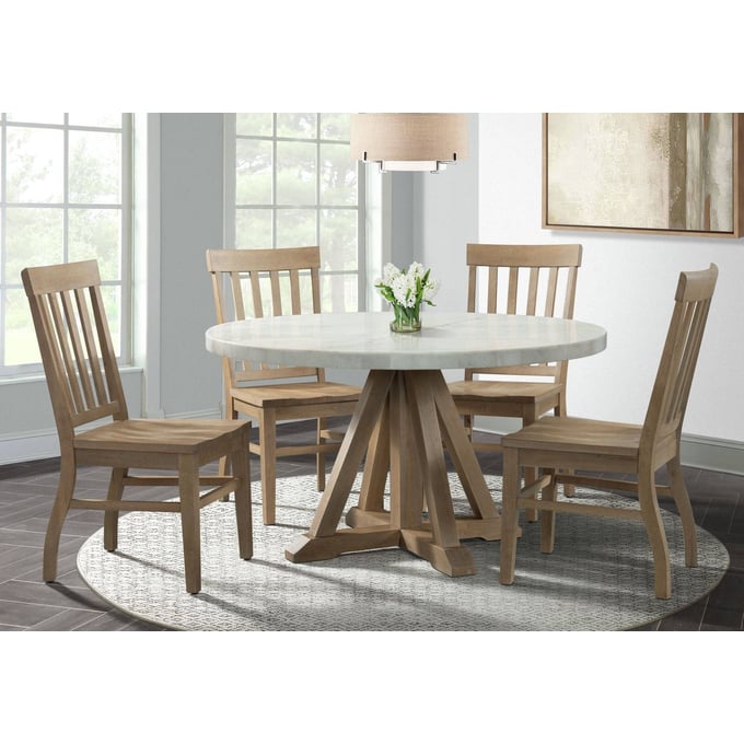 Picket House Liam White Marble Natural Rubberwood Round 5pc Dining Room Set PKT-CDLW180RD5PC