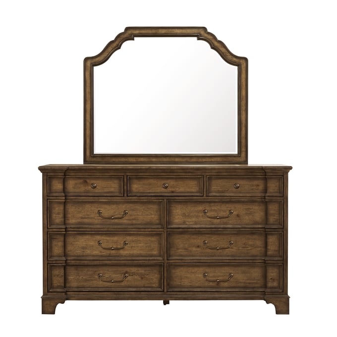 Pulaski Revival Row Brown 9 Drawers Dresser and Mirror RH-P34810-DRMR