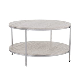 Southern Enterprises Silas White Chrome Round Faux Stone Cocktail Table