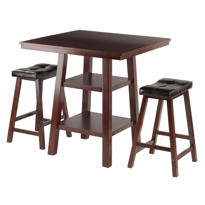 Winsome Orlando Walnut Black 3pc High Table Set with Saddle Seat Counter Height Stools WNS-94362