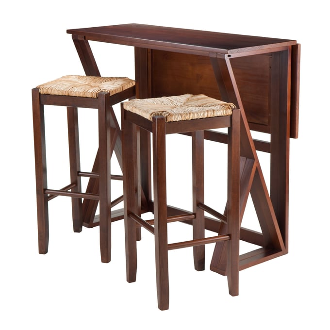 Winsome Harrington Walnut 3pc Drop Leaf High Table with Rush Seat Bar Stools WNS-94393